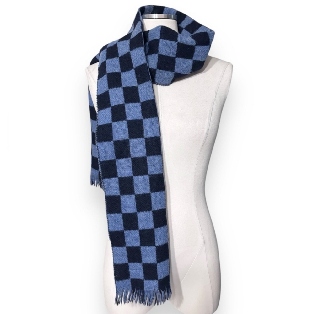 HANDCRAFT INC 100% Shetland Wool Long Scarf Tassels Blue Checkerboard Pattern